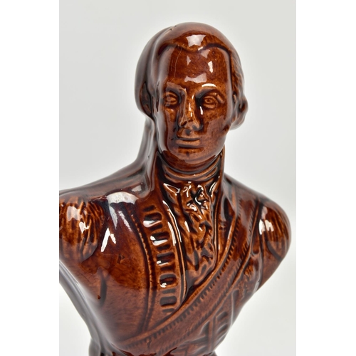 266 - A 19TH CENTURY TREACLE GLAZED STONEWARE BUST OF AN EARLY 19TH CENTURY GENTLEMAN WEARING GARTER STAR,... 