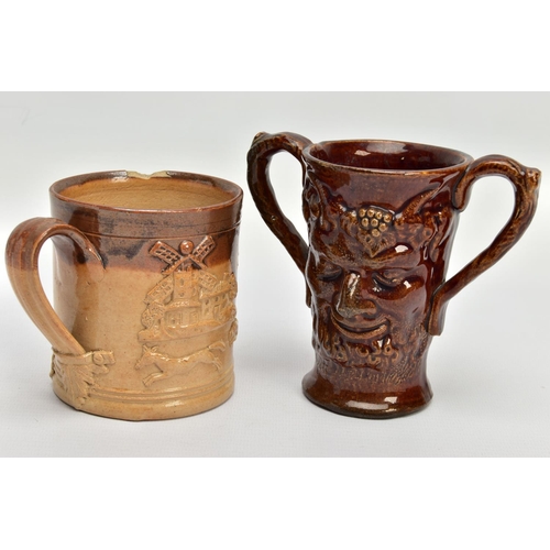 267 - A VICTORIAN TREACLE GLAZED LOVING CUP, decorated in relief with bust of Nelson, fighting dogs and ta... 