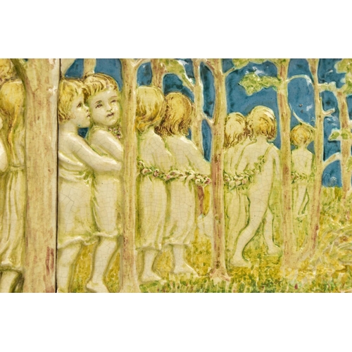 268 - A DELLA ROBBIA THREE SECTION RECTANGULAR PLAQUE MOULDED IN RELIEF WITH A PROCESSION OF CHILDREN THRO... 