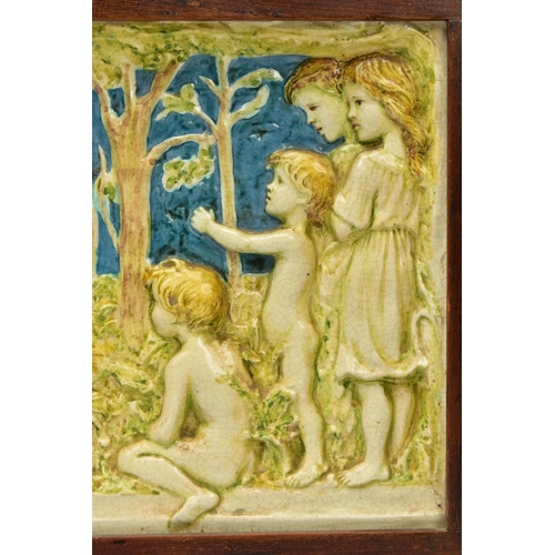 268 - A DELLA ROBBIA THREE SECTION RECTANGULAR PLAQUE MOULDED IN RELIEF WITH A PROCESSION OF CHILDREN THRO... 