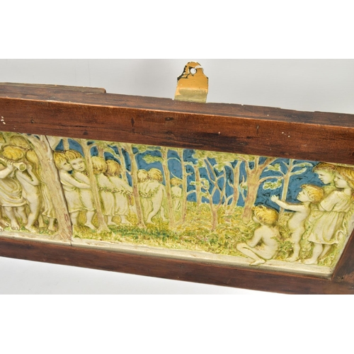 268 - A DELLA ROBBIA THREE SECTION RECTANGULAR PLAQUE MOULDED IN RELIEF WITH A PROCESSION OF CHILDREN THRO... 