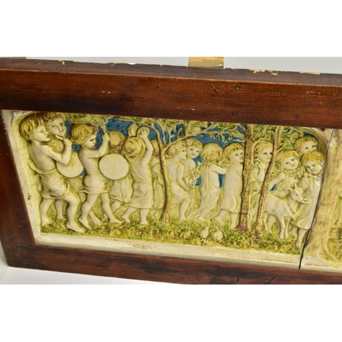 268 - A DELLA ROBBIA THREE SECTION RECTANGULAR PLAQUE MOULDED IN RELIEF WITH A PROCESSION OF CHILDREN THRO... 