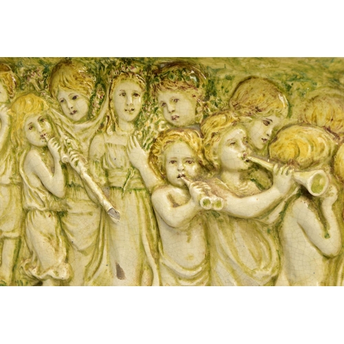 268 - A DELLA ROBBIA THREE SECTION RECTANGULAR PLAQUE MOULDED IN RELIEF WITH A PROCESSION OF CHILDREN THRO... 