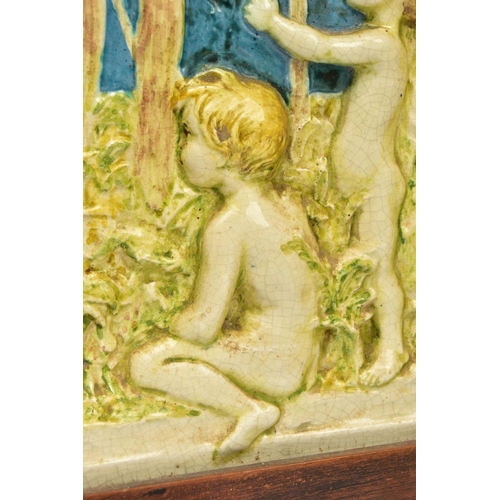 268 - A DELLA ROBBIA THREE SECTION RECTANGULAR PLAQUE MOULDED IN RELIEF WITH A PROCESSION OF CHILDREN THRO... 