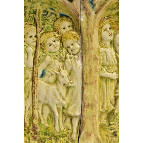 268 - A DELLA ROBBIA THREE SECTION RECTANGULAR PLAQUE MOULDED IN RELIEF WITH A PROCESSION OF CHILDREN THRO... 