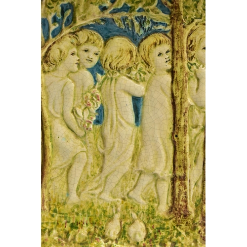 268 - A DELLA ROBBIA THREE SECTION RECTANGULAR PLAQUE MOULDED IN RELIEF WITH A PROCESSION OF CHILDREN THRO... 