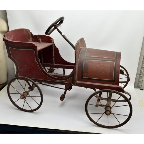 269 - A WOODEN BODIED PEDAL CAR, early 20th Century, open body in the style of a Edwardian saloon with cur... 