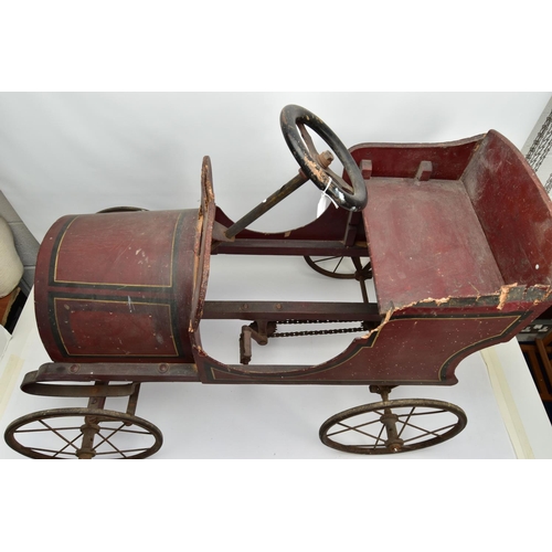 269 - A WOODEN BODIED PEDAL CAR, early 20th Century, open body in the style of a Edwardian saloon with cur... 