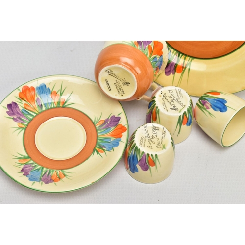 272 - SIX PIECES OF CLARICE CLIFF AUTUMN CROCUS PATTERN ITEMS, comprising three egg cups with Bizarre back... 