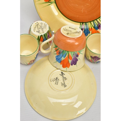 272 - SIX PIECES OF CLARICE CLIFF AUTUMN CROCUS PATTERN ITEMS, comprising three egg cups with Bizarre back... 