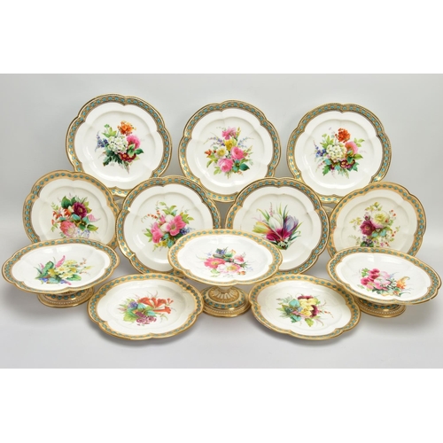 273 - A VICTORIAN PORCELAIN HAND PAINTED PART DESSERT SERVICE, comprising three comports and nine dessert ... 