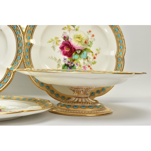 273 - A VICTORIAN PORCELAIN HAND PAINTED PART DESSERT SERVICE, comprising three comports and nine dessert ... 