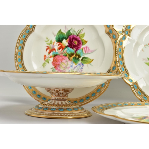 273 - A VICTORIAN PORCELAIN HAND PAINTED PART DESSERT SERVICE, comprising three comports and nine dessert ... 