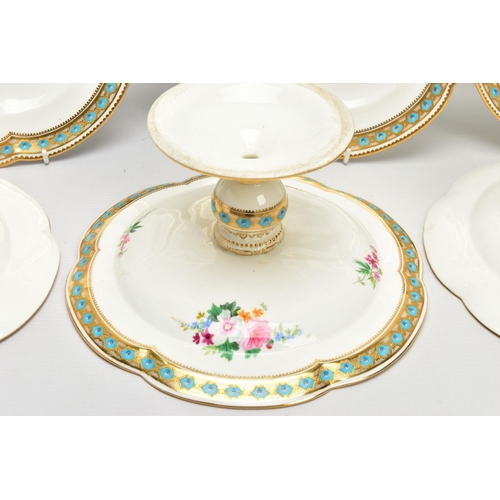 273 - A VICTORIAN PORCELAIN HAND PAINTED PART DESSERT SERVICE, comprising three comports and nine dessert ... 