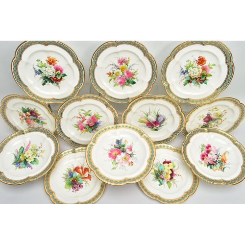 273 - A VICTORIAN PORCELAIN HAND PAINTED PART DESSERT SERVICE, comprising three comports and nine dessert ... 