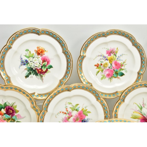 273 - A VICTORIAN PORCELAIN HAND PAINTED PART DESSERT SERVICE, comprising three comports and nine dessert ... 