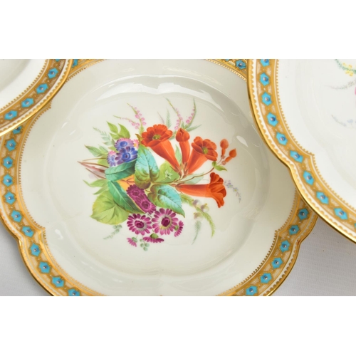 273 - A VICTORIAN PORCELAIN HAND PAINTED PART DESSERT SERVICE, comprising three comports and nine dessert ... 