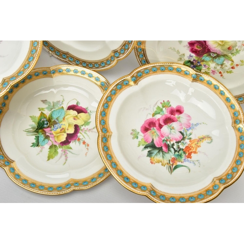 273 - A VICTORIAN PORCELAIN HAND PAINTED PART DESSERT SERVICE, comprising three comports and nine dessert ... 