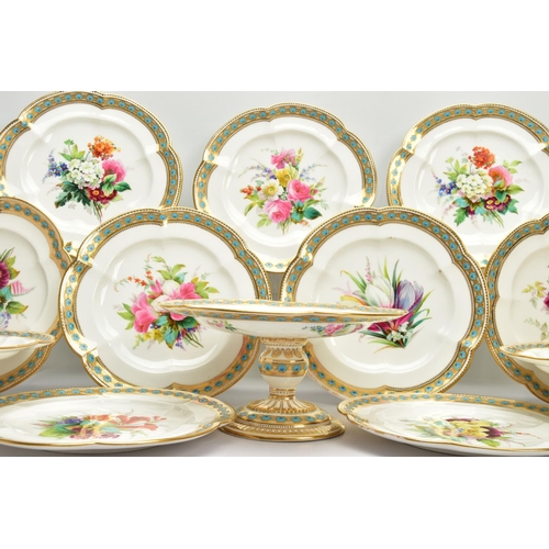 273 - A VICTORIAN PORCELAIN HAND PAINTED PART DESSERT SERVICE, comprising three comports and nine dessert ... 