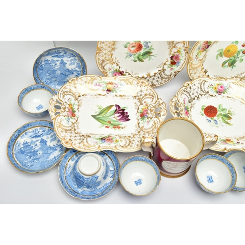 275 - A GROUP OF LATE 18TH AND 19TH CENTURY BRITISH PORCELAIN TEA AND DESSERT WARES, ETC, comprising  Staf... 