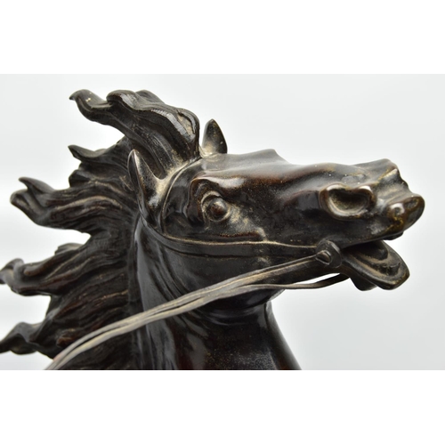 279 - AFTER GUILLAME COUSTEAU, A 19TH CENTURY PAIR OF PATINATED BRONZE MARLY HORSES, with attendants, on n... 