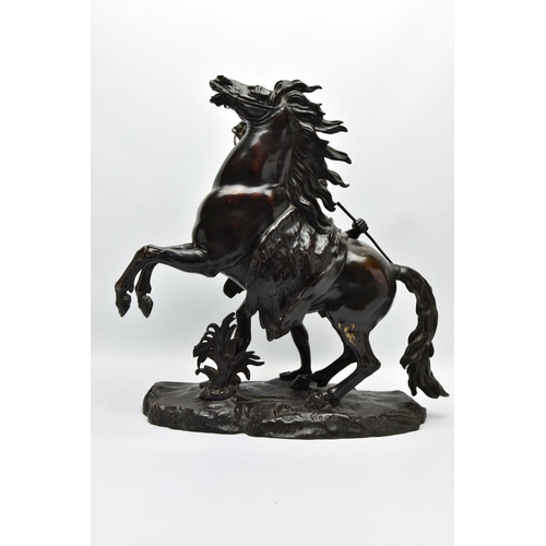 279 - AFTER GUILLAME COUSTEAU, A 19TH CENTURY PAIR OF PATINATED BRONZE MARLY HORSES, with attendants, on n... 