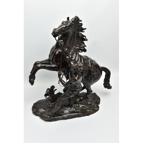 279 - AFTER GUILLAME COUSTEAU, A 19TH CENTURY PAIR OF PATINATED BRONZE MARLY HORSES, with attendants, on n... 