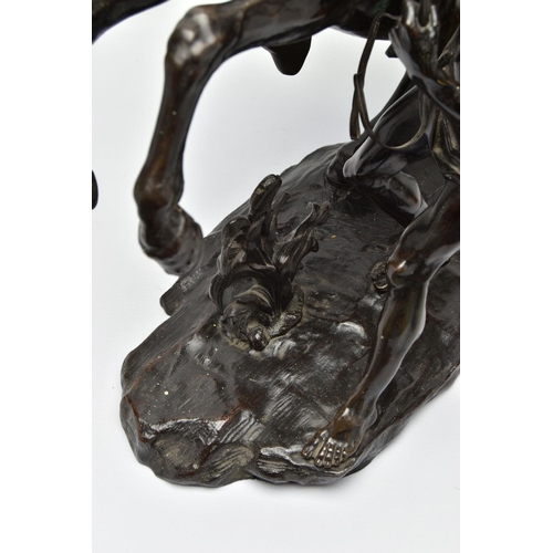 279 - AFTER GUILLAME COUSTEAU, A 19TH CENTURY PAIR OF PATINATED BRONZE MARLY HORSES, with attendants, on n... 