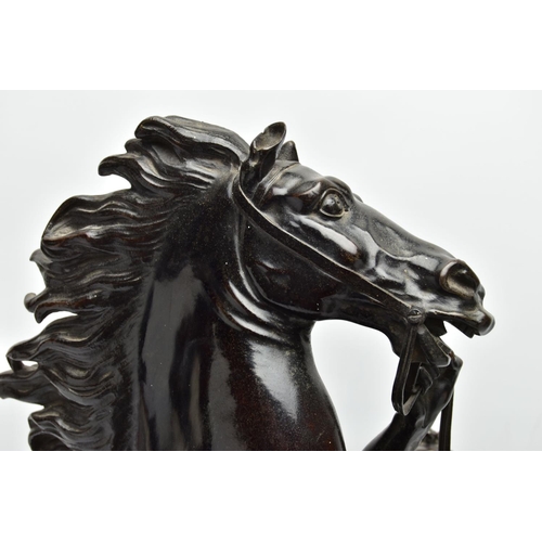 279 - AFTER GUILLAME COUSTEAU, A 19TH CENTURY PAIR OF PATINATED BRONZE MARLY HORSES, with attendants, on n... 