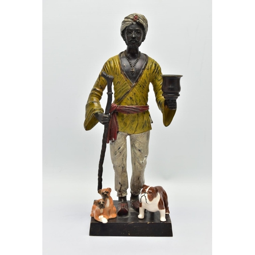 280 - A 2OTH CENTURY COLD PAINTED AND PATINATED BRONZE CANDLE HOLDER IN THE FORM OF A MIDDLE EASTERN MAN, ... 