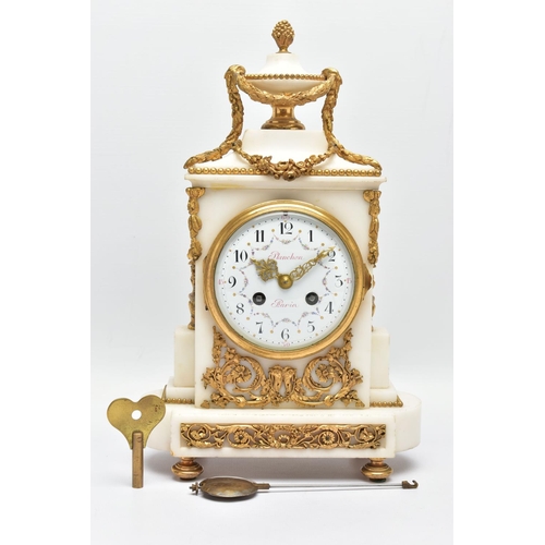 282 - A LATE 19TH CENTURY FRENCH WHITE MARBLE AND ORMOLU MANTEL CLOCK BY PLANCHON OF PARIS, the urn shaped... 