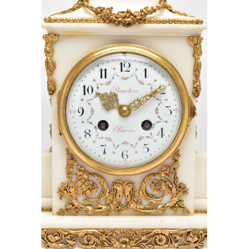 282 - A LATE 19TH CENTURY FRENCH WHITE MARBLE AND ORMOLU MANTEL CLOCK BY PLANCHON OF PARIS, the urn shaped... 