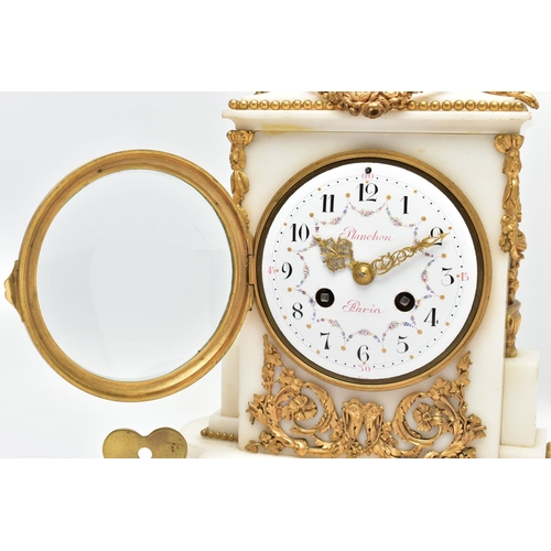 282 - A LATE 19TH CENTURY FRENCH WHITE MARBLE AND ORMOLU MANTEL CLOCK BY PLANCHON OF PARIS, the urn shaped... 