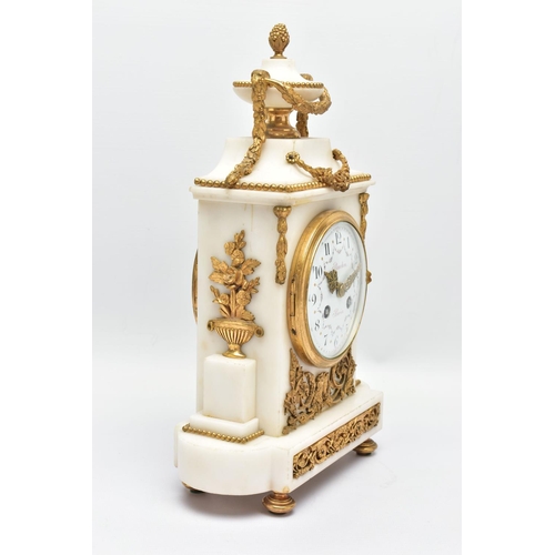 282 - A LATE 19TH CENTURY FRENCH WHITE MARBLE AND ORMOLU MANTEL CLOCK BY PLANCHON OF PARIS, the urn shaped... 