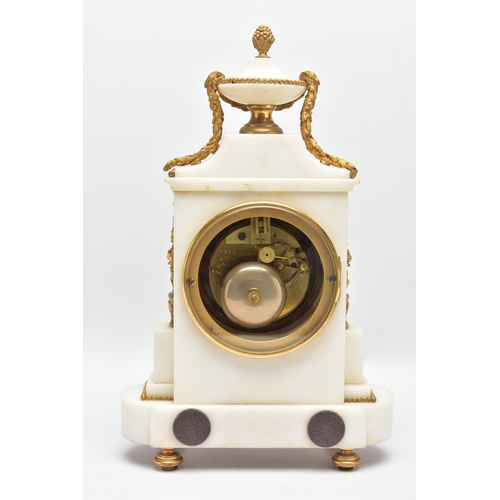 282 - A LATE 19TH CENTURY FRENCH WHITE MARBLE AND ORMOLU MANTEL CLOCK BY PLANCHON OF PARIS, the urn shaped... 