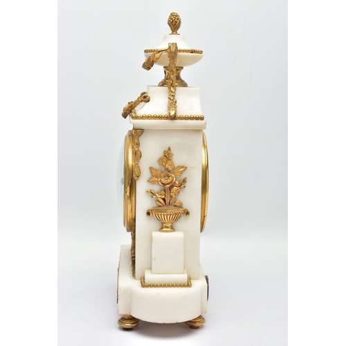 282 - A LATE 19TH CENTURY FRENCH WHITE MARBLE AND ORMOLU MANTEL CLOCK BY PLANCHON OF PARIS, the urn shaped... 