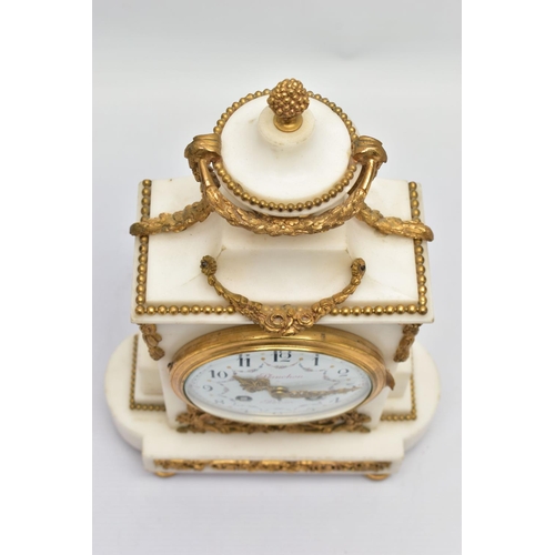 282 - A LATE 19TH CENTURY FRENCH WHITE MARBLE AND ORMOLU MANTEL CLOCK BY PLANCHON OF PARIS, the urn shaped... 