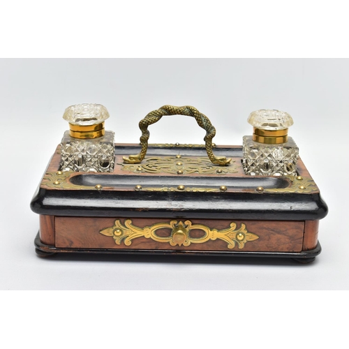 286 - A VICTORIAN WALNUT, EBONISED AND BRASS MOUNTED DESK STAND OF RECTANGULAR FORM, with entwined snake c... 