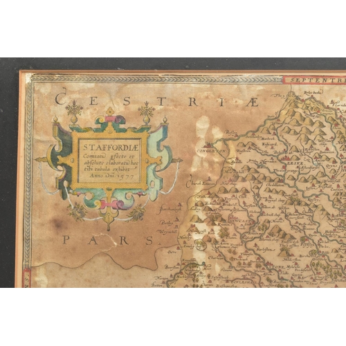 291 - STAFFORDSHIRE, CHRISTOPHER SAXTON MAP CIRCA 1577, hand coloured and trimmed, edges visible inside th... 