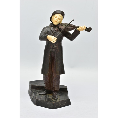 294 - DOMINIQUE ALONZO (FL. 1910-1930) A PATINATED BRONZE AND IVORY FIGURE OF A MALE VIOLINIST, posed stan... 