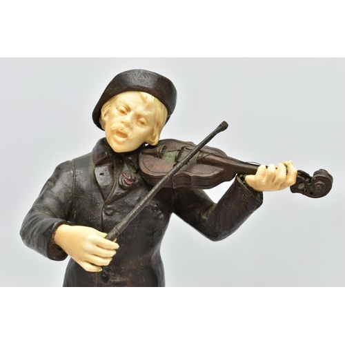 294 - DOMINIQUE ALONZO (FL. 1910-1930) A PATINATED BRONZE AND IVORY FIGURE OF A MALE VIOLINIST, posed stan... 