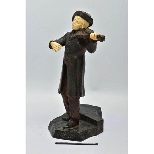 294 - DOMINIQUE ALONZO (FL. 1910-1930) A PATINATED BRONZE AND IVORY FIGURE OF A MALE VIOLINIST, posed stan... 