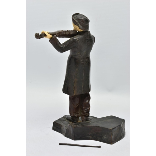 294 - DOMINIQUE ALONZO (FL. 1910-1930) A PATINATED BRONZE AND IVORY FIGURE OF A MALE VIOLINIST, posed stan... 