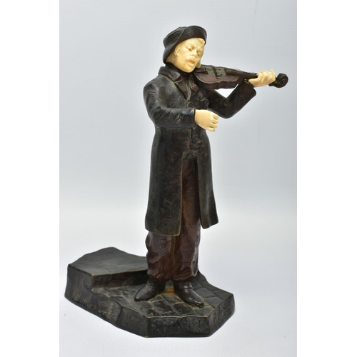 294 - DOMINIQUE ALONZO (FL. 1910-1930) A PATINATED BRONZE AND IVORY FIGURE OF A MALE VIOLINIST, posed stan... 