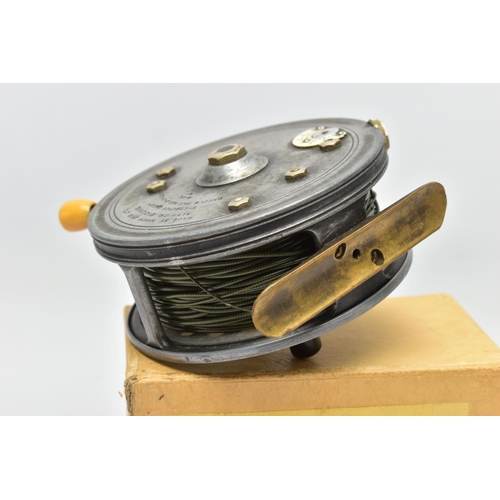 305 - A HARDY SUPER SILEX SIZE 4 FISHING REEL, with ivorine handle and indicator, brass foot, Pat No's 242... 