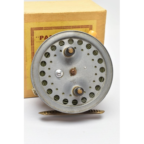 305 - A HARDY SUPER SILEX SIZE 4 FISHING REEL, with ivorine handle and indicator, brass foot, Pat No's 242... 