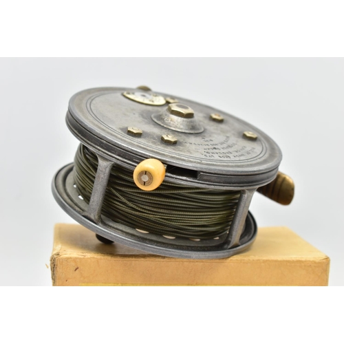 305 - A HARDY SUPER SILEX SIZE 4 FISHING REEL, with ivorine handle and indicator, brass foot, Pat No's 242... 