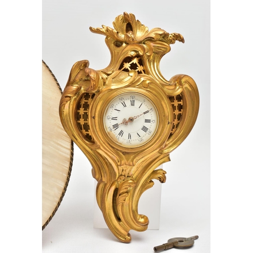 307 - A LATE 19TH CENTURY FRENCH MINIATURE ORMOLU CARTEL CLOCK, enamel 4cm dial with Roman and Arabic nume... 