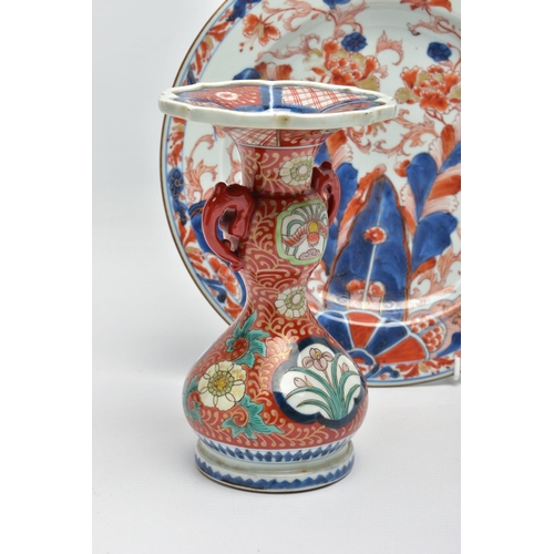 308 - TWO PIECES OF LATE 18TH CENTURY CHINESE PORCELAIN AND A LATER IMARI TWIN HANDLED VASE, comprising a ... 