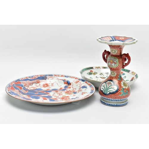 308 - TWO PIECES OF LATE 18TH CENTURY CHINESE PORCELAIN AND A LATER IMARI TWIN HANDLED VASE, comprising a ... 